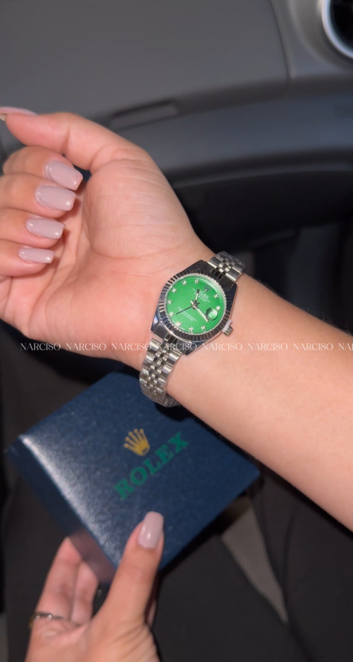 Rolex plateado y verde para dama