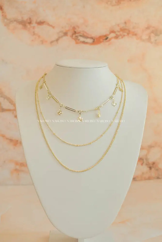 Collar Triple De Corazones Y Cristales