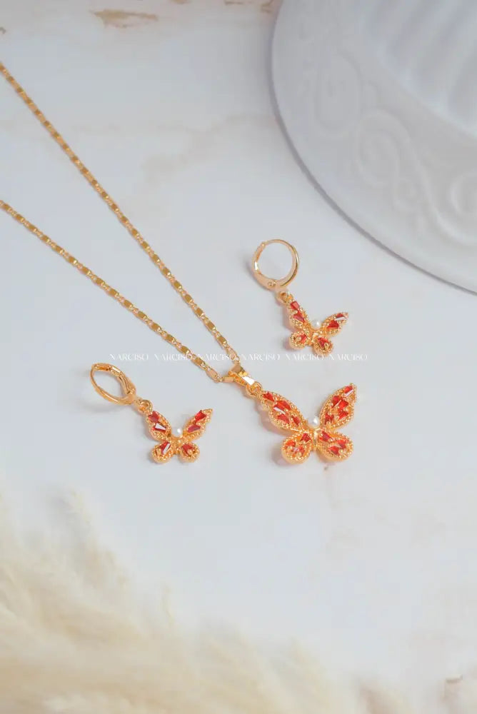 Set De Mariposas Con Rojo Perlas